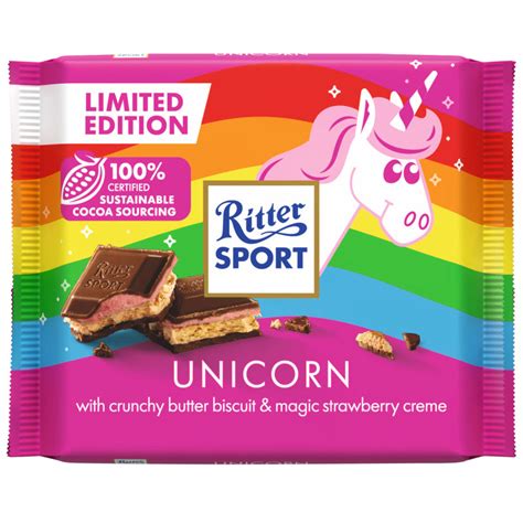 Unicorn Ritter Sport Schokolade mit Vollmilch, Butterkeks und Erdbeercreme