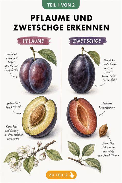 Unterschied Pflaume/Zwetschge: Infografik mit Formen, Fruchtfleisch und Kernen