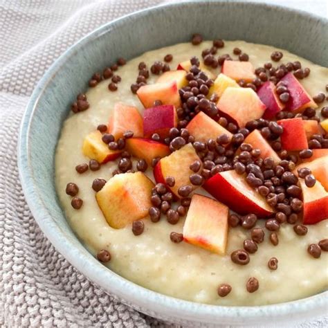 Vanille Pudding Oats in Schüssel mit Nektarine und Protein Puffies