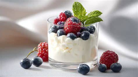 Vanillecreme mit frischen Beeren und Keksbröseln im Glas