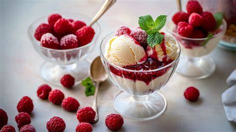 Vanilleeis mit heißen Himbeeren