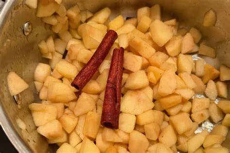 Vanilleschote, Apfelstücke und Aroniabeeren neben Topf auf Arbeitsfläche