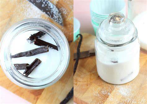 Vanilleschote und Glas mit Vanillezucker