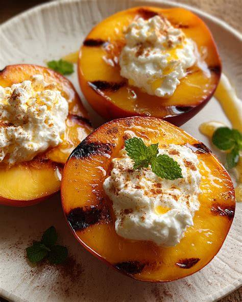 Variante: Frische Pfirsiche, Honig und Orangensaft in der Joghurtcreme