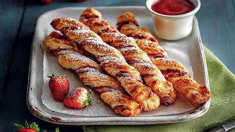 Varianten: Blätterteigstangen mit Erdbeeren, Schokolade und Nüssen