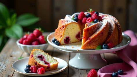 Varianten: Gugelhupf, Kastenform und Kuchenstücke mit Beeren