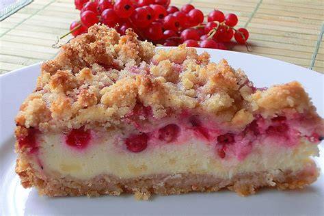 Variationen von Johannisbeer-Käsekuchen mit Streuseln und Vanillepudding