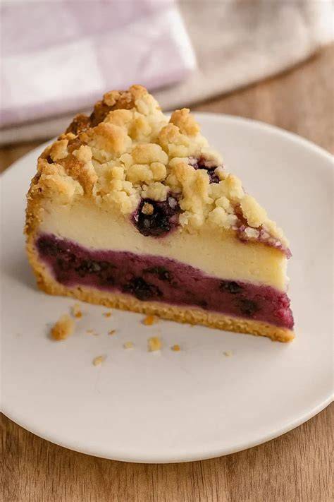 Vegane Käsekuchen-Schicht mit Johannisbeeren und knusprigen Streuseln