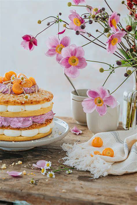 Vegane Mandel-Bienenstich-Torte neben Mandelblüten