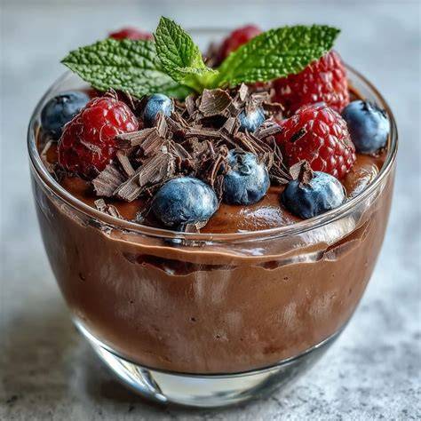 Vegane Schokoladenmousse mit frischen Beeren und Minze dekoriert