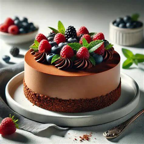 Vegane Schokomousse Torte mit Oreo-Boden und frischen Beeren belegt