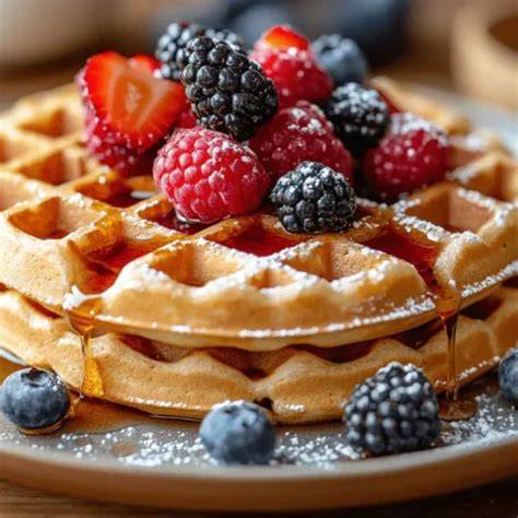 Vegane Waffeln mit Ahornsirup und Beeren