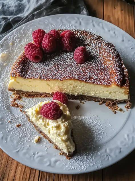 Veganer Käsekuchen frisch aus dem Ofen mit Fruchtbelag
