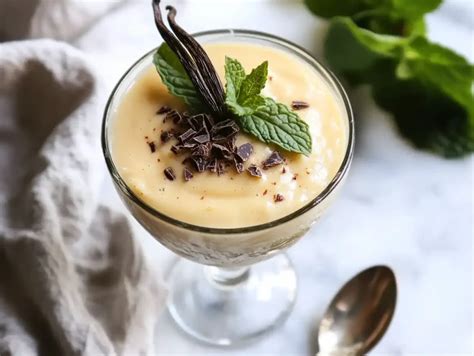 Veganer Pudding mit Sojamilch - angerichtet im Glas mit Vanilleschote und Früchten