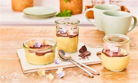 Veganer Vanillepudding farblich abgesetzt und serviert in Schalen