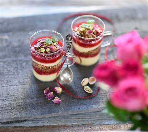Veganes Schichtdessert im Glas mit Schokobiskuit und Fruchtmark