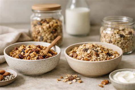 Vergleich: selbstgemachtes knuspriges Granola und gekauftes Müsli