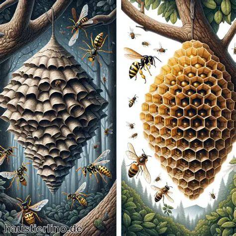 Vergleich Bienenwabe und Wespennest (Schnittzeichnung)
