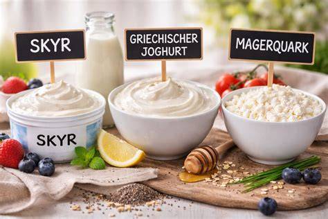 Vergleich der Quarksorten: Magerquark, Halbfettquark und Sahnequark nebeneinander