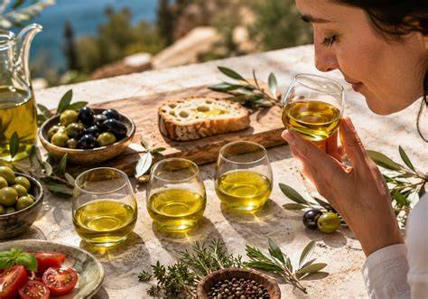 Verkostung: verschiedene Olivenöle im Vergleich - fruchtig, bitter, scharf