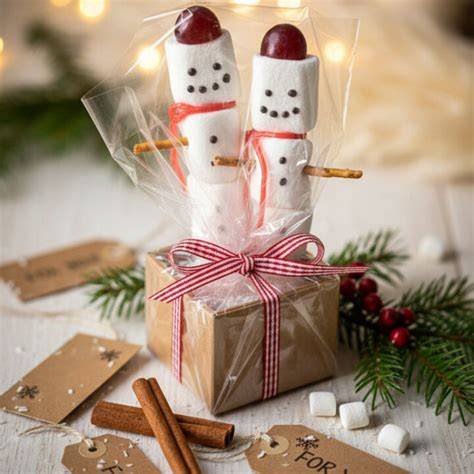 Verpackte Marshmallow Schneemänner als Geschenk