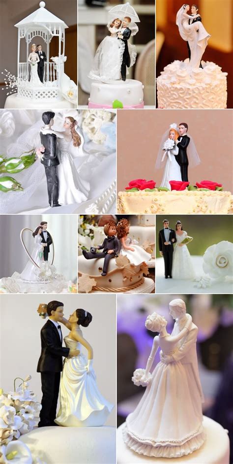 Verschiedene Arten von Hochzeitstortenfiguren: klassisch, modern, tierisch und mit Schriftzug