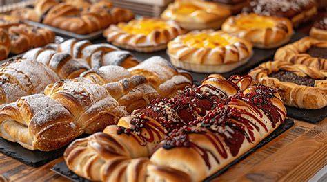 Verschiedene Backwaren: lokale Patisserie neben verpackten Lebkuchen