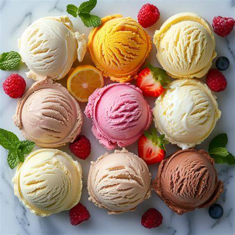 Verschiedene Eissorten: Sorbet, Milcheis, Nicecream