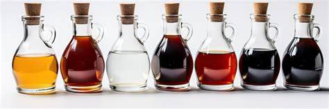 Verschiedene Essigflaschen: Balsamico, Apfel-, Wein- und Branntweinessig
