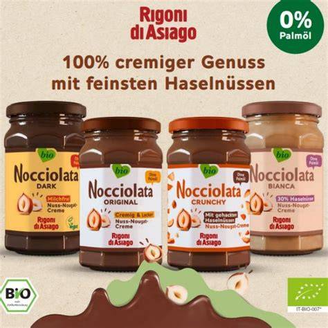 Verschiedene Gläser Rigoni di Asiago Nocciolata Sorten