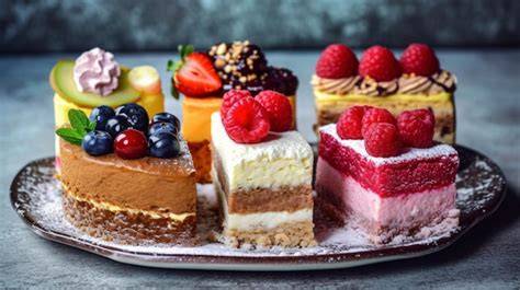 Verschiedene Kuchenstücke, Dessertvariationen und Torten auf einer Tafel