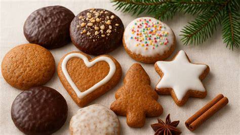 Verschiedene Lebkuchenvarianten mit Schokolade und Zuckerguss