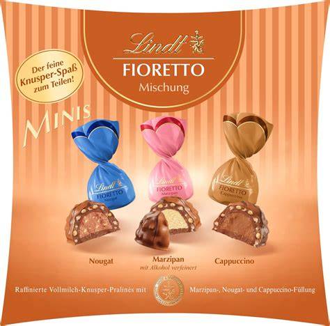 Verschiedene Lindt Fioretto Mini Sorten angeordnet auf einer Platte