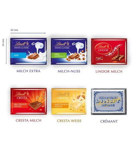 Verschiedene Lindt Mini Schokoladentafeln und deren Nährwertangaben