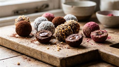 Verschiedene No-Bake-Kugeln auf einem Holzbrett: Kokos, Nougat, Spekulatius