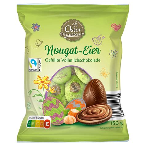 Verschiedene Nougat Eier in offener Verpackung, Osterpralinen, Discounter-Sortiment