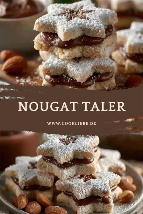 Verschiedene Nougat-Plätzchen-Varianten auf einem Blech, darunter Sterne, Kreise und gefüllte Taler