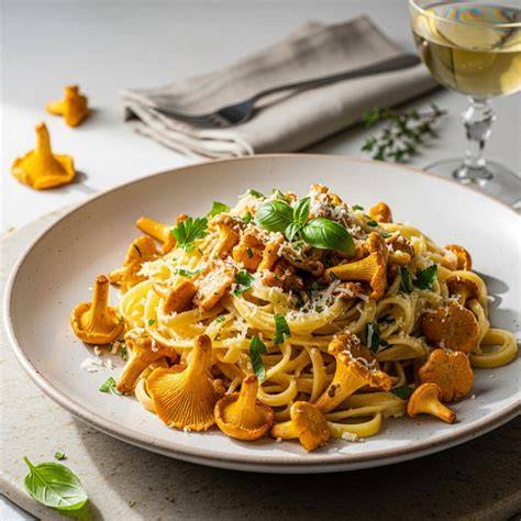 Verschiedene Pfifferlinggerichte mit Pasta und Beilagen