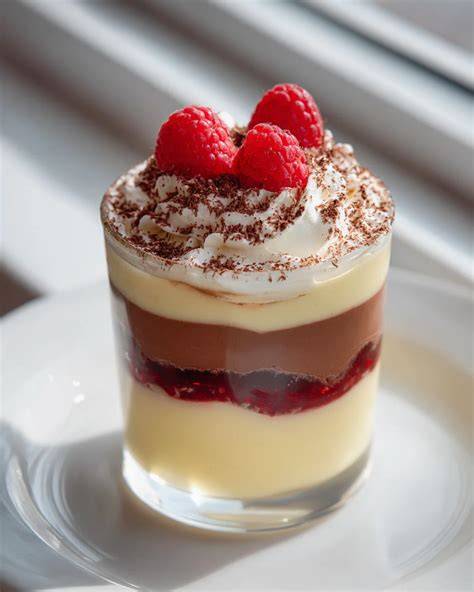 Verschiedene Schichtdesserts mit Weinschaumcreme, Servieren im Glas