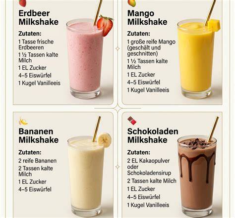 Verschiedene Shake-Varianten: Schokolade, Banane, Erdbeere