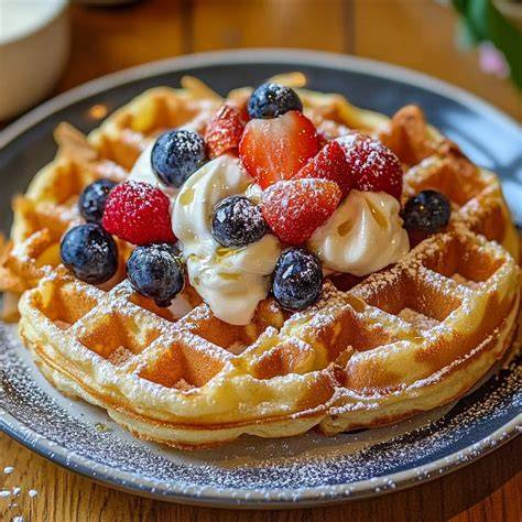 Verschiedene Toppings für Waffeln: Beeren, Ahornsirup, Joghurt