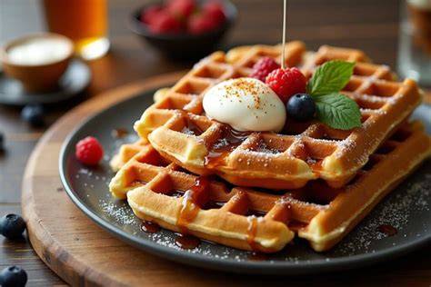 Verschiedene Toppings für Waffeln: Beeren, Ahornsirup, Schlagsahne