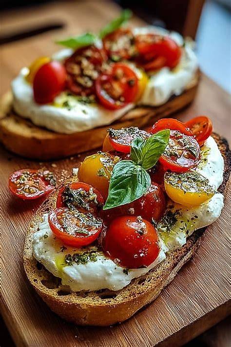 Verschiedene Vorspeisen auf einer Etagere (Burrata, Bruschetta, Ziegenkäse)