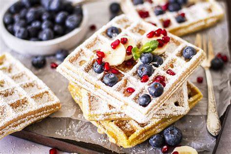 Verschiedene Waffelvarianten mit Puderzucker und Früchten