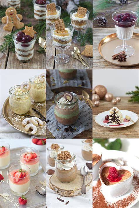 Verschiedene Weihnachtsdesserts im Glas auf festlich gedecktem Tisch
