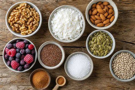Verschiedene Zutaten für zuckerfreie Desserts: Nüsse, Beeren, Kokosmilch