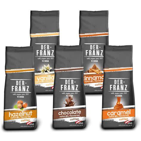 Verschiedene aromatisierte Sorten und Zubehör der Marke Franz Kaffee