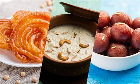 Verschiedene indische Desserts: Gulab Jamun, Rasgulla, Kheer