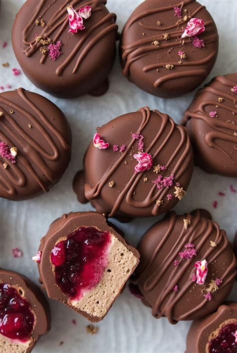 Verschiedene kleine Valentinstagsdesserts: Pralinen, Mousse, Eis