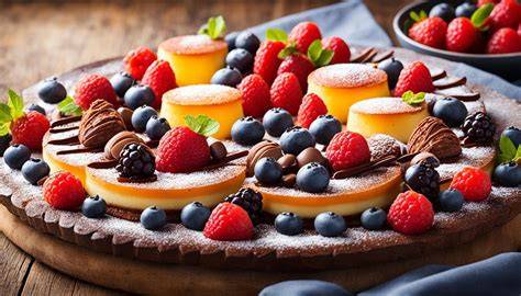 Verschiedene kleine französische Desserts: Tarte Tatin, Mousse au Chocolat, Madeleines